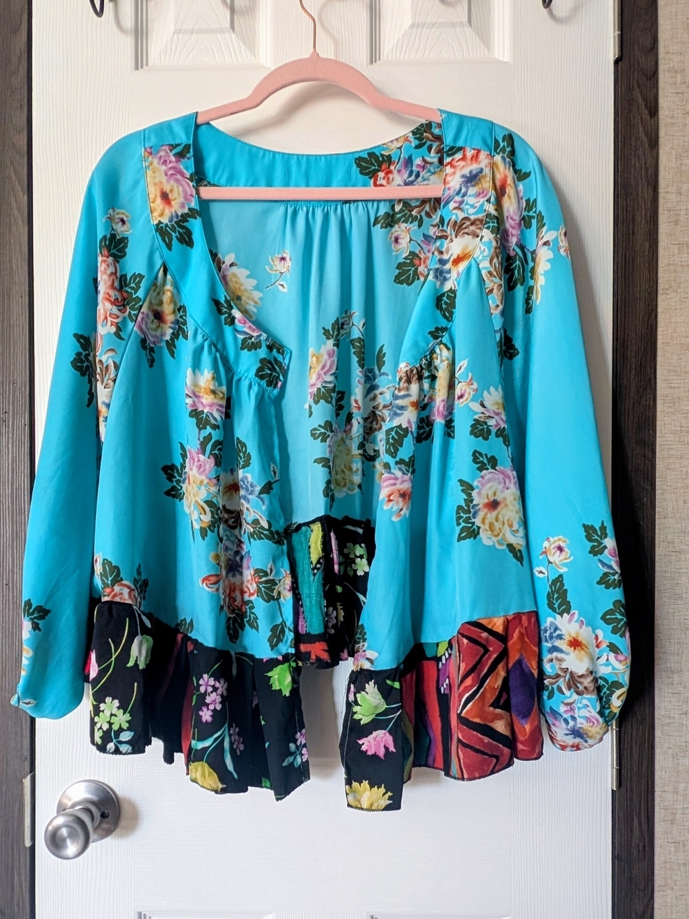 OOAK, Handmade Turquoise Floral Boho Peasant Top Free Size